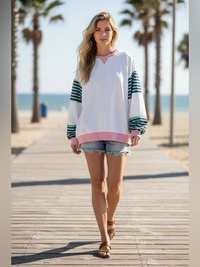 Fisoew White Color Block Oversized Sweatshirt Lantern Sleeve Small NWT